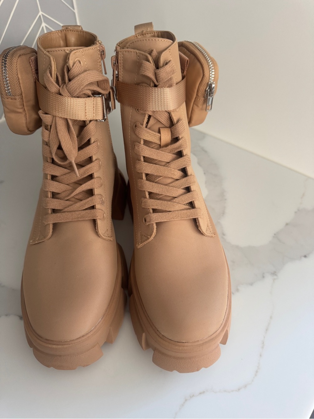 Steve Madden Tan Lace-Up Lug Boots with Removable Mini Pouch